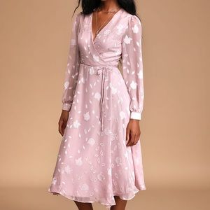 Lulu’s Dusty Lilac Floral Jacquard Wrap Midi Dress